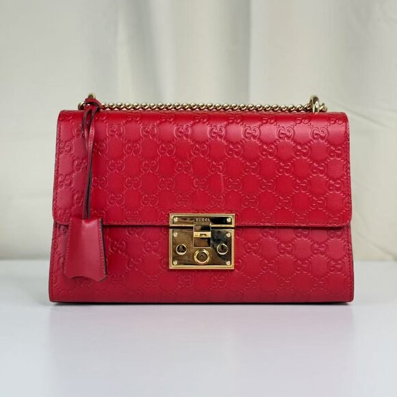 Gucci GG Logo Printed Red Leather Small Padlock Shoulder Bag with Gold Hardware - Picture 1 of 11